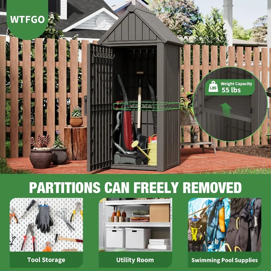 Vertical Outdoor Storage Shed: Waterproof Resin Cabinet with Removable Shelves 12 Hooks, Lockable Small Tool Shed for Garden, B