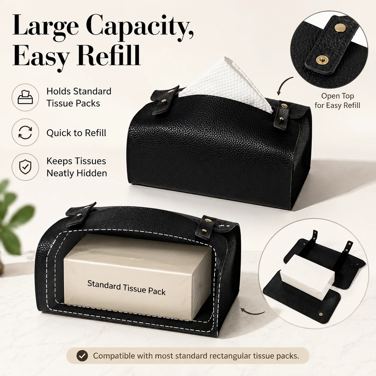 Tissue Box PU Leather Tissue Holder Square Facial Tissue Case Facial Paper Organizer Dispenser for Bathroom,Vanity Countertop - view 4
