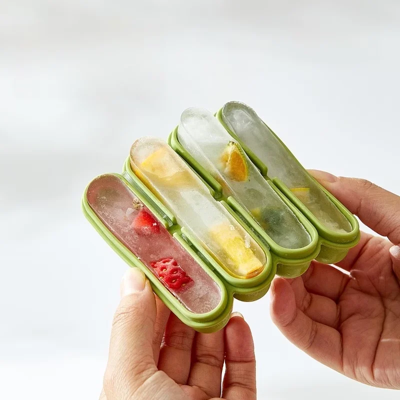 4 Grids Silicone Ice Cubes Trays With Lid Homemade Popsicle Mould Food Freezing Container for Freezer Molds for Soups and Sauces