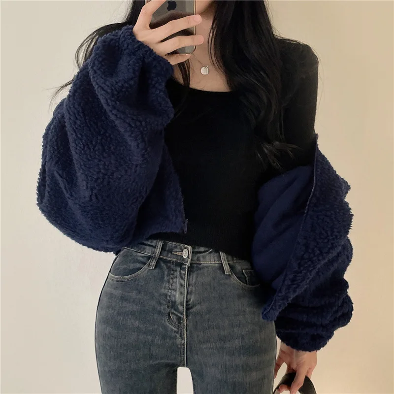 Koreanischer Stil Stehkragen-Hoodie mit Reißverschluss Übergroßer Damen-Hoodie für Herbst/Winter Lammwolle Langarm-Freizeitoberteil Y2K Streetwear-Stil – Detail 14