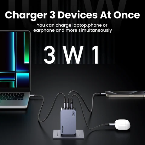 UGREEN 100 Вт GaN Зарядное устройство USB C Зарядное устройство QC4.0 3.0 Быстрая зарядка для ноутбука Macbook Tablet PD Быстрое зарядное устройство для iPhone 16 15 14 Pro