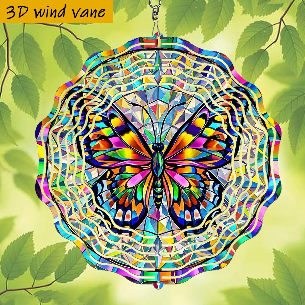 Stained-Glass-Style Butterfly Wind Chime with 360° Rotating Hooks -Vibrant Mosaic Iron Wind Spinner for Indoor/Outdoor Garden