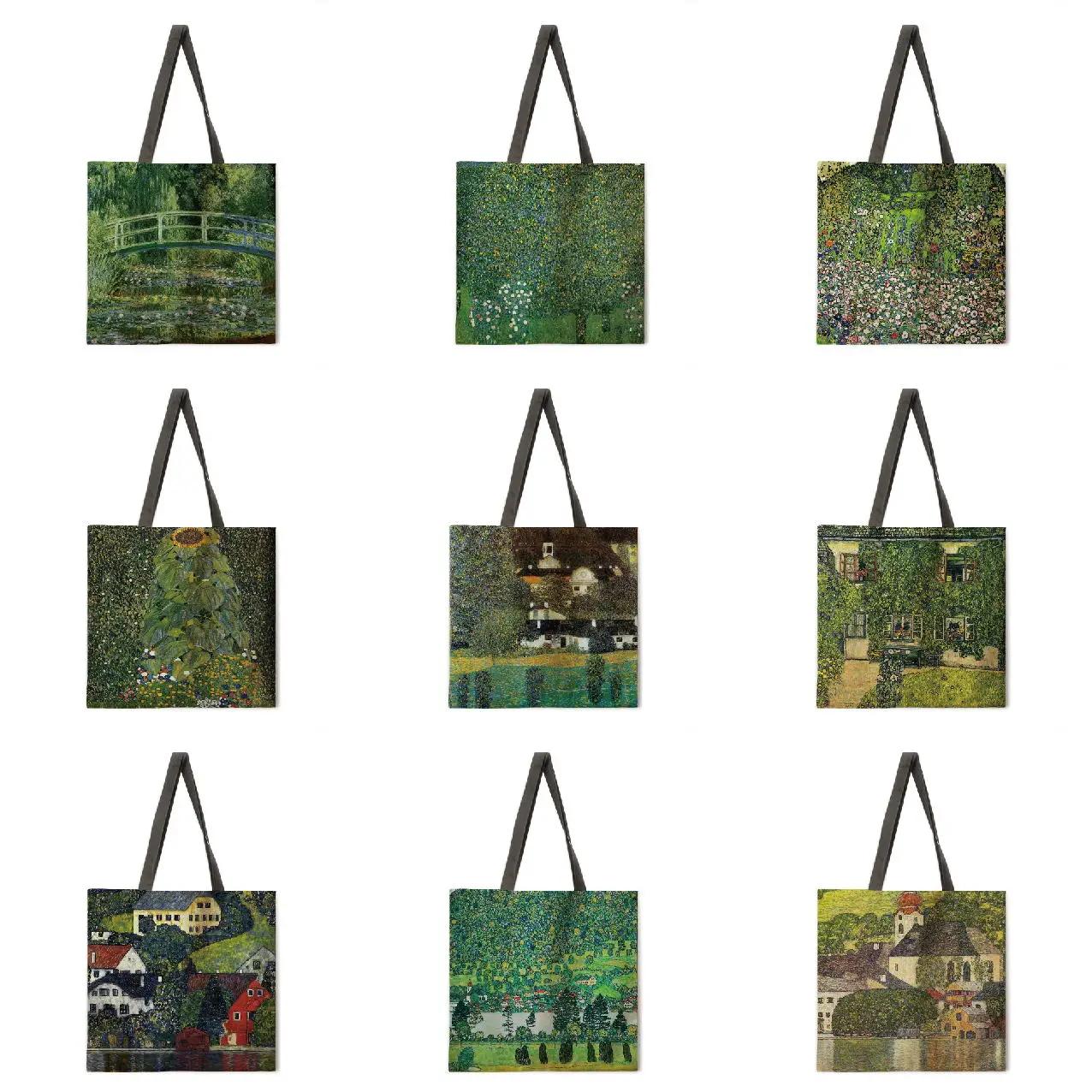 

Green oil painting linen bag handbag lightweight shoulder bag large capacity eco-friendly shopping bag tote bag