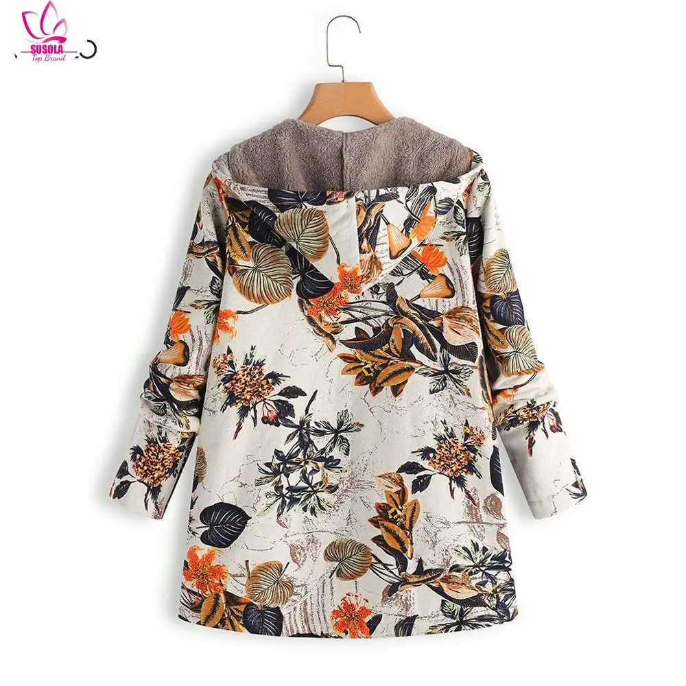 

SUSOLA 5XL Coat Winter Warm Fur Hooded Floral Print Jacket Women Vintage Long Sleeve Fluffy Coat Female Pocket Oversized