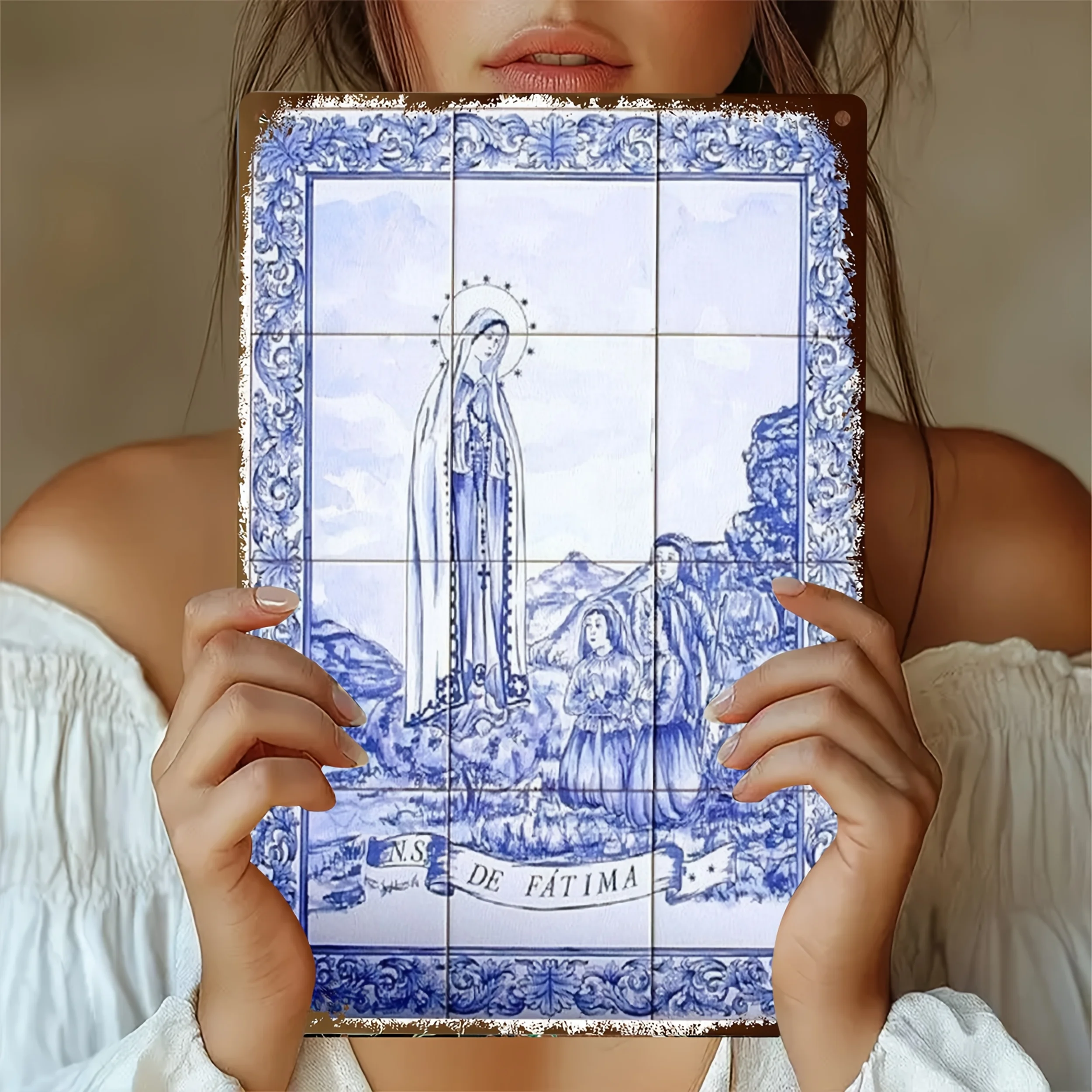 Fatima the Virgin Tile Painting - Arte de parede de ferro, pré-perfurada para pendurar facilmente, decoração interna/externa resistente às intempéries, es, Blu