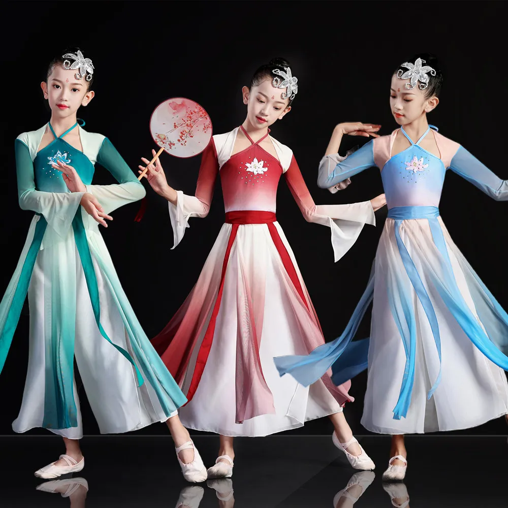 子供の中国漢服古典舞台衣装傘ダンスエスニックガールズヤンコ服古代スタイルダンスガーゼドレス