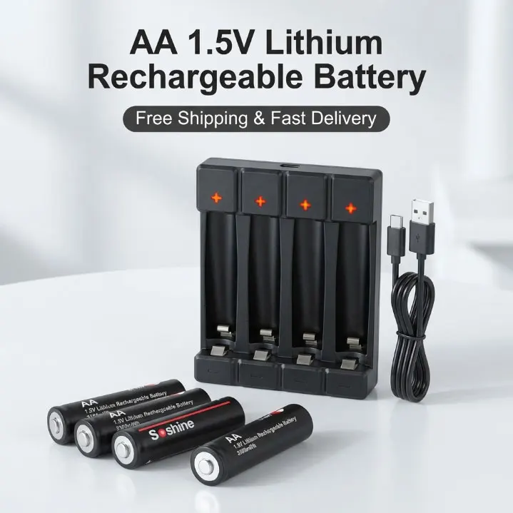 

3300mWh 1.5V AA Rechargeable Lithium Battery with Charger, Ideal for Remote Controls, Toys and Cameras