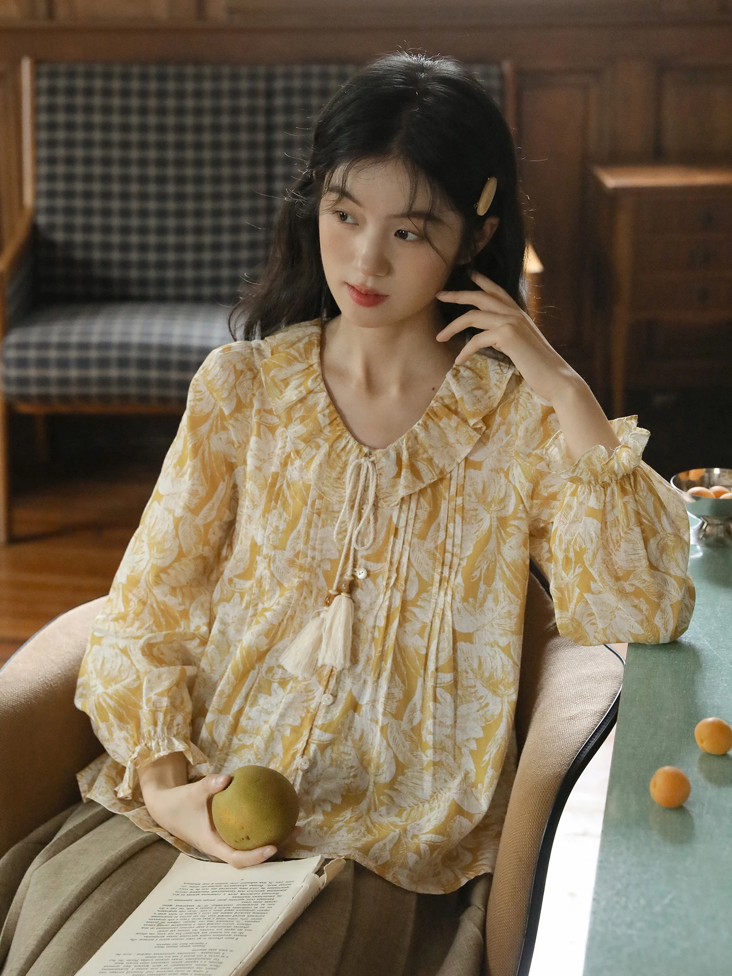 

Женская хлопковая рубашка Nesoulum, весенняя, винтажная, с длинными рукавами, цветочным принтом, воротником-стойкой, расклешенным подолом, завязками на талии, свободного кроя