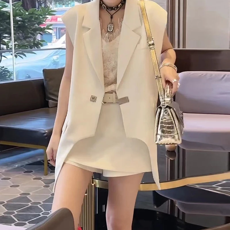 Irregular suit vest suit female summer European fashion sleeveless suit jacket shorts thin coat pants two pieces.