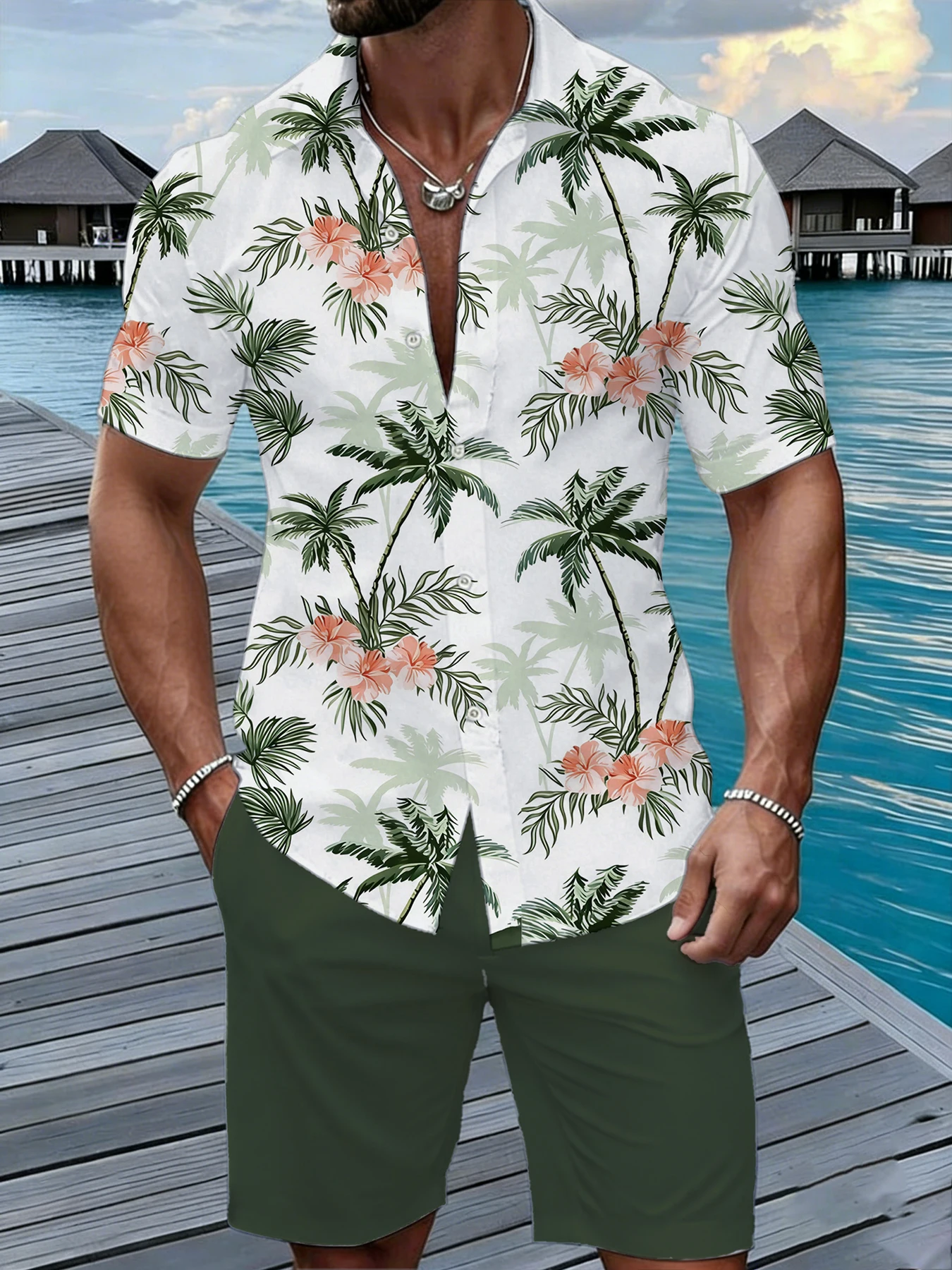 

Men's Premium Tropical Palm & Hibiscus Print Short Sleeve Shirt, Camp Collar Button Down, Elevated Beach & Resort Wear