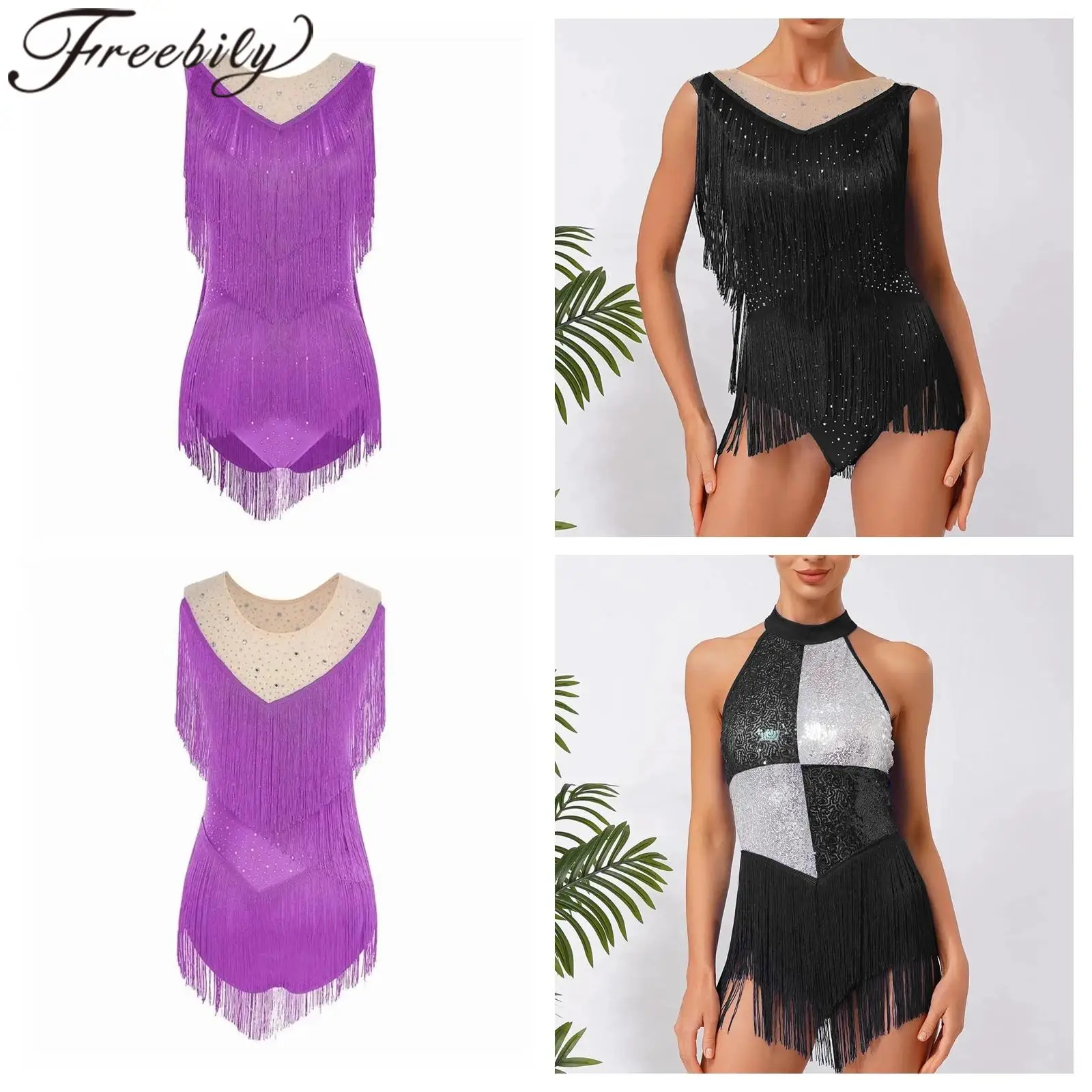 

Women Tassels Latin Dance Costume Adults Jazz Dancewear Shiny Sequins Bodysuit Performance Clothes Samba Salsa Leotard Dress