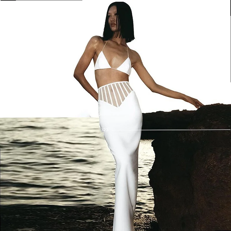 Summer Women V Neck Sexy Halter Tank Tops Two Piece Matching Set Split Long Skirt Casual Suits
