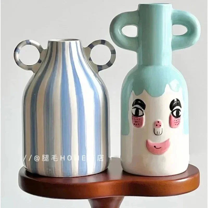

Hand-painted Ceramic Flower Vase with Two Ears Home Decor for Living Room Table Centerpiece Spanish Decoración Hogar Accessories