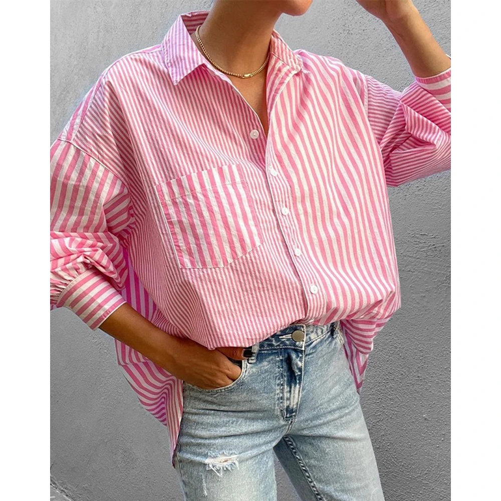 

Elegant Women's Striped Print Turn-down Collar Blouse Buttoned Design Long Sleeve Casual Shirts Fashion Spring Office Workwear