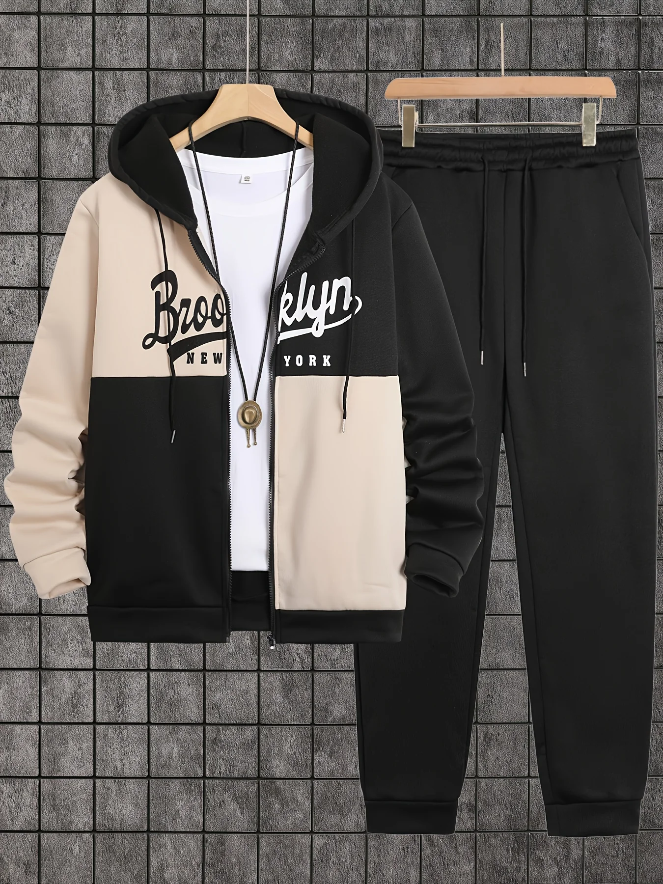 

2-piece men's autumn/winter printed zip-up long-sleeved sweatshirt and sweatpants set