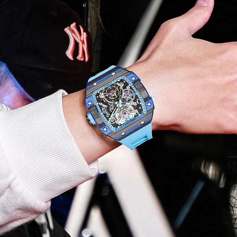 럭셔리 패션 방수 빛나는 탄소 섬유 케이스 자동 남자 시계 기계식 손목 시계 남성용 선물 시계 남성