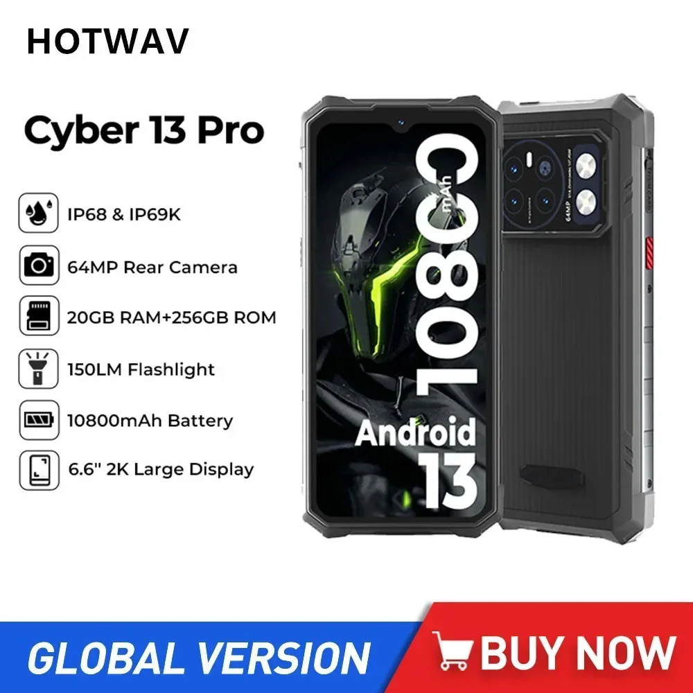 

HOTWAV Cyber 13 Pro Rugged 4G Smartphones Octa Core 20GB+256GB 6.6Inch Android 13 Mobile Phone 64MP 10800mAh 20W Fast Charge NFC