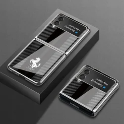 Luxury Tempered Glass Carbon Fiber Texture Metal Plated Flip Case for Samsung Galaxy Z Flip6 Flip5 Flip4 Flip3 5G Back Cover