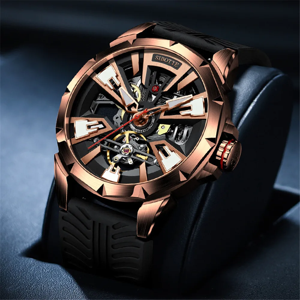 SIBOTTE Men's Automatic Tourbillon Hollow Mechanical Watch 50M Waterproof Steel Case Sapphire Crystal Luminous Luxury Timepiece