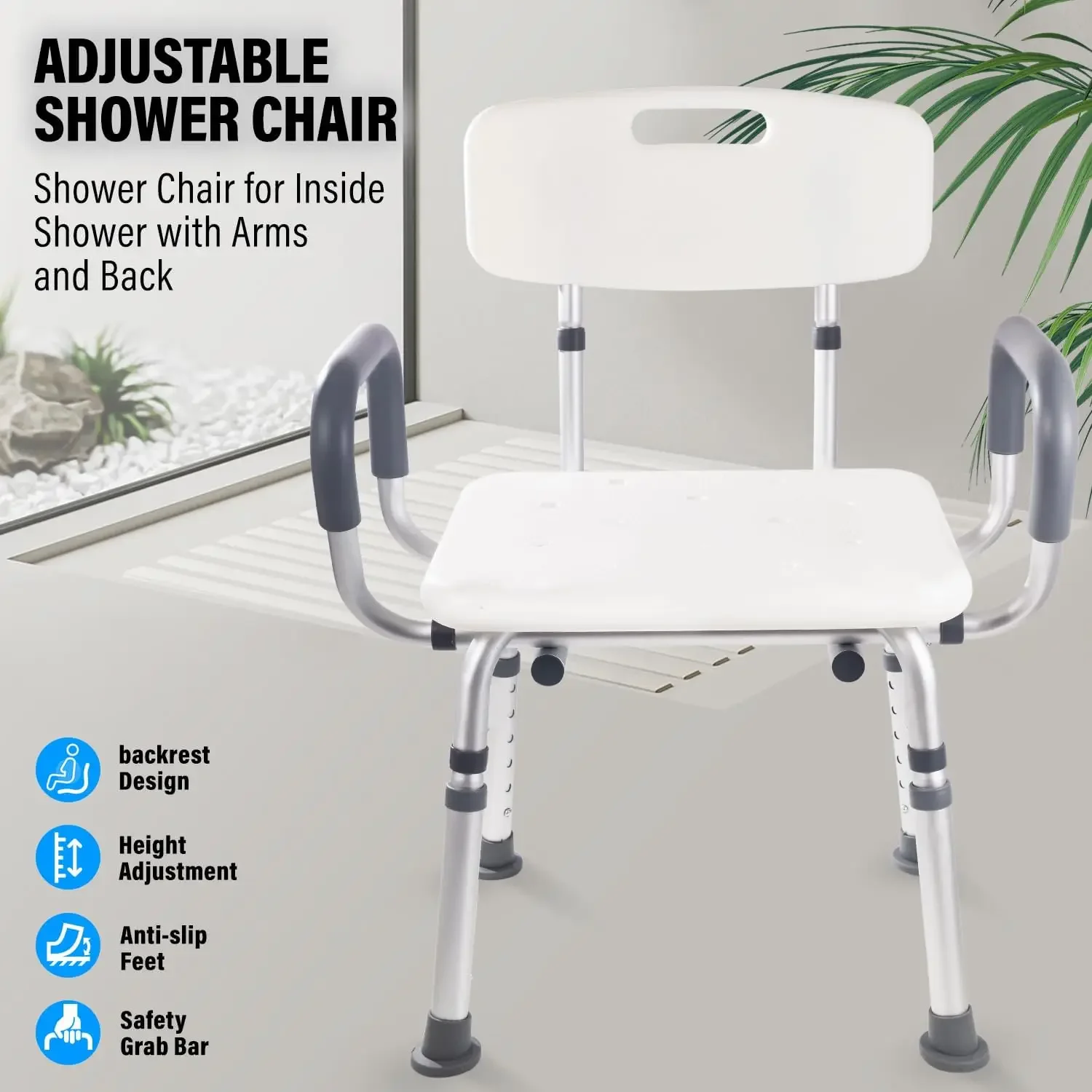 Bathroom Chair, Padded Armrest Bathtub Chair, Anti-Slip, Adjustable Height, Load-Bearing Capacity of 350 Pounds, Bathroom Decora image 3