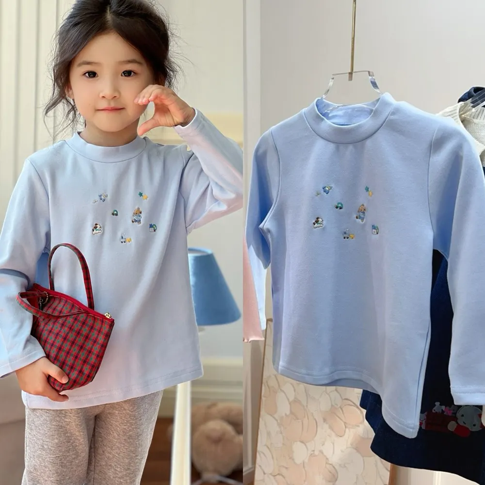 

baby girl clothes baby tops Blue cartoon embroidered solid color T-shirt boys and girls Comfortable tops