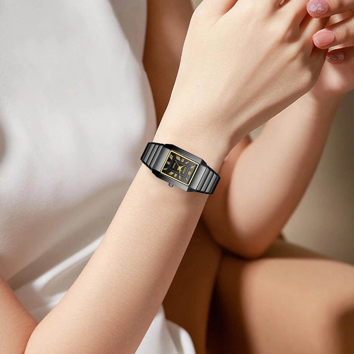 ساعة يد كوارتز سيراميك سوداء مربعة أنيقة للنساء من LIGE، ساعات فاخرة من السيراميك مقاومة للماء، ساعة نسائية كاجوال للسيدات