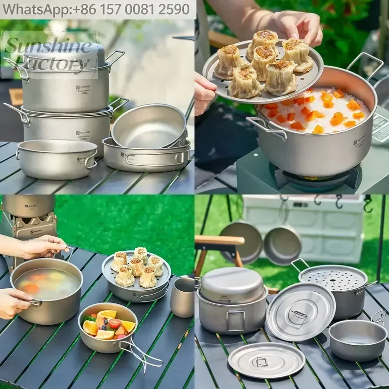 Pure Titanium Pot Outdoor Frying Pan Camping Steamer Soup Pot Cooking Combination Tableware Easily Collapsible Digester Set