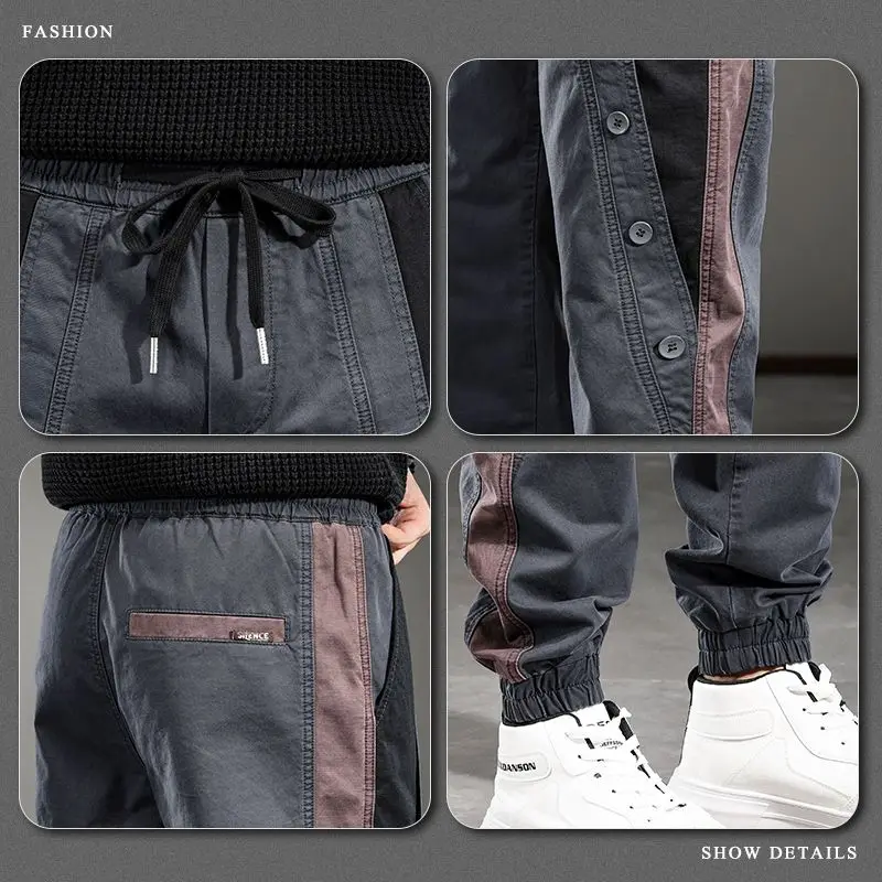 Trend contrasting color design breasted casual pants men's loose large size leggings autumn trousers