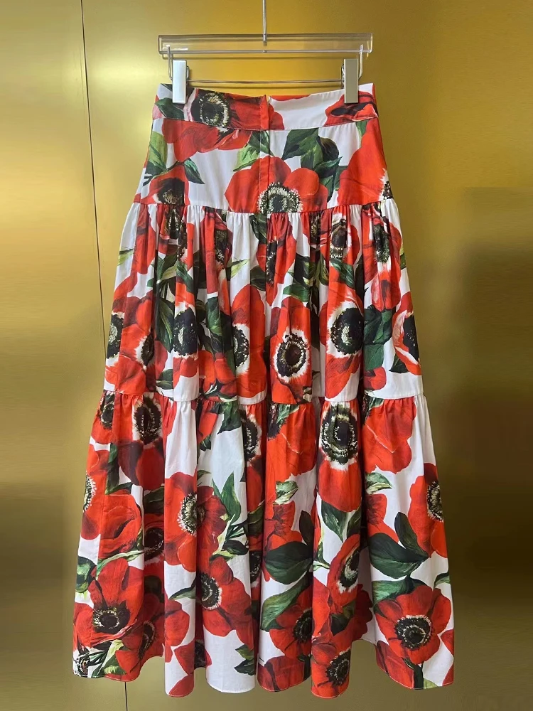 AELESEEN Sicilian Long Poplin Skirt Women Spring Summer Designer Fashion Red Sea Anemone Print Elegant 100% Cotton Skirt