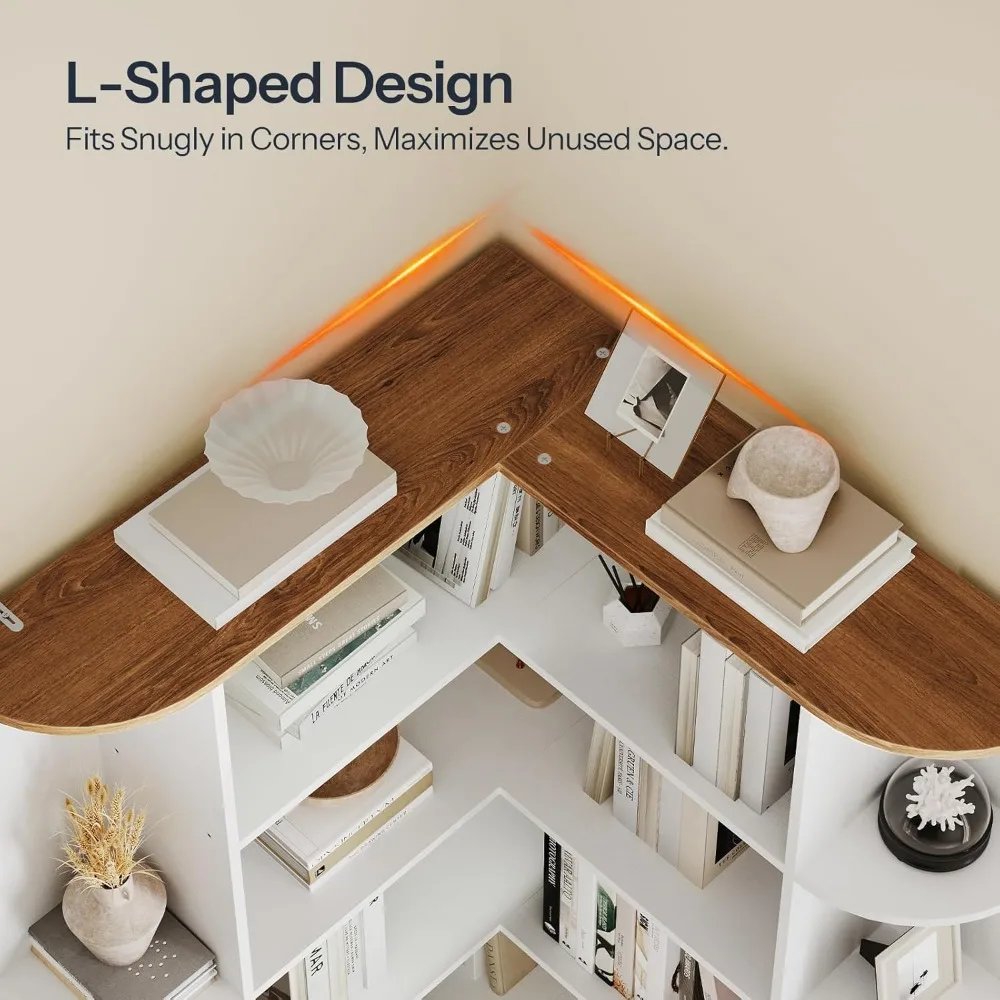 خزانة كتب زاوية على شكل حرف L للمكتب المنزلي وغرفة المعيشة، 74 طويلًا، رف عرض 6 طبقات للكتب والديكور #4