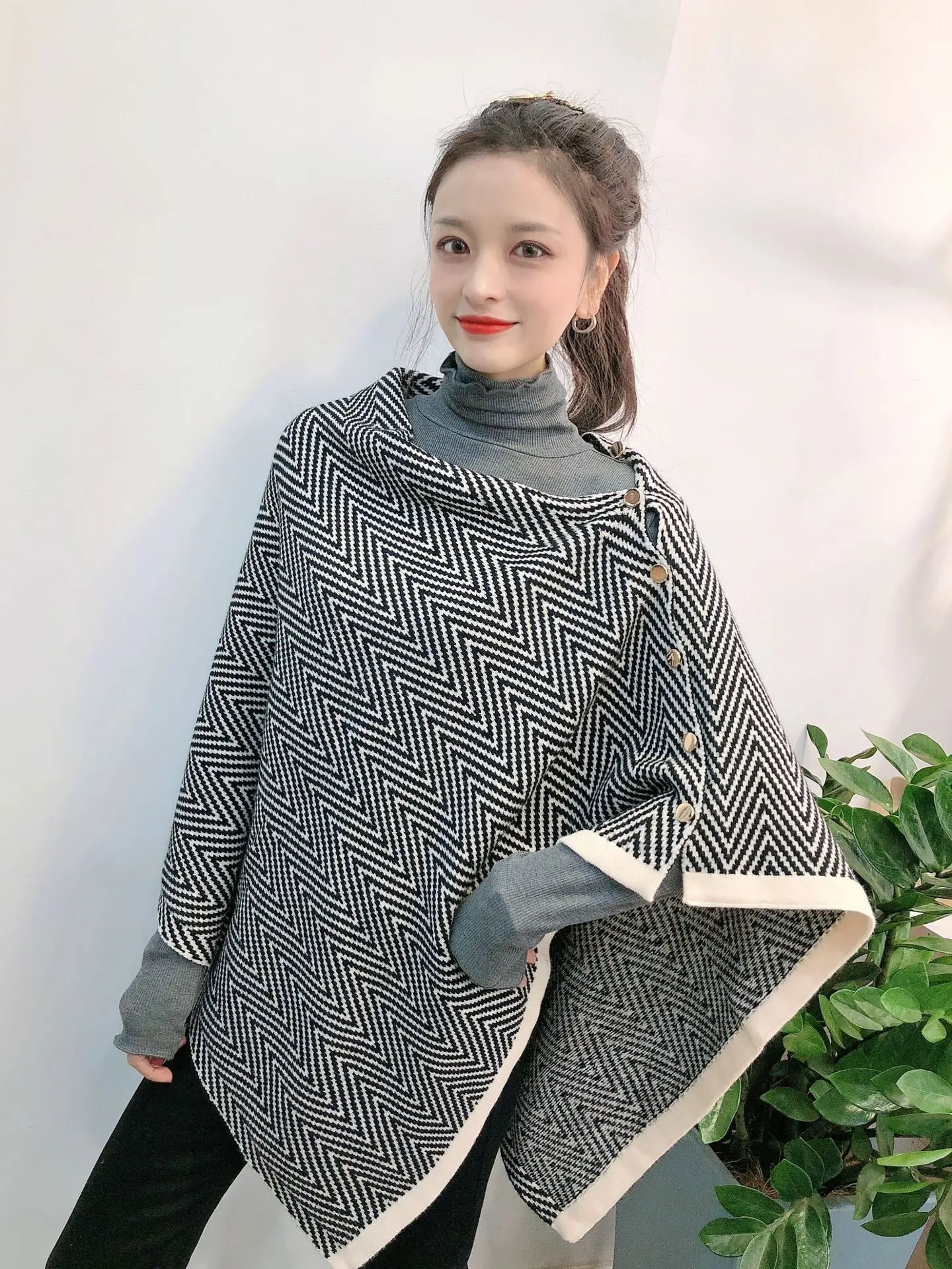 New button corrugated scarf shawl dual-purpose autumn and winter thickened warm imitation cashmere women's scarf Black