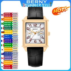 BERNY-Reloj de pulsera cuadrado para hombre, cronógrafo de cuarzo, resistente al agua hasta 3ATM, estilo Vintage, con fecha de día, tanque dorado, 6P25