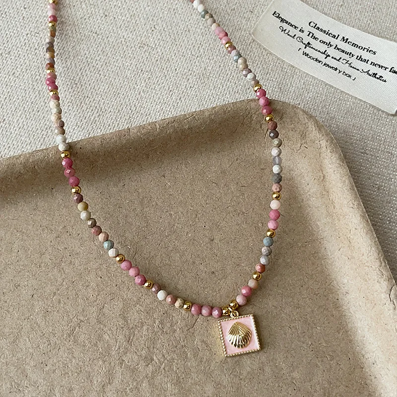 Minar New Vintage Colorful Natural Stone Copper Beads Strand Pink Enamel Square Shell Coin Beaded Necklace for Women Chokers
