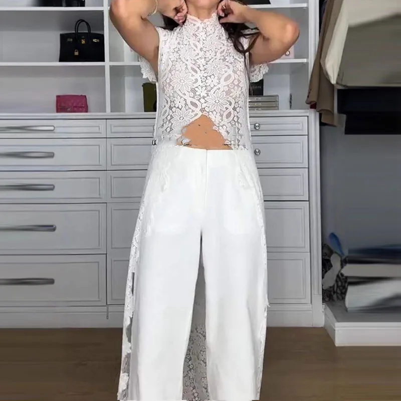 

Elegant O-neck Short Sleeve Solid Party Dress Fashion Irregular Split Holiday Dress Lady Sexy Lace Embroidery Hollow Long Dress