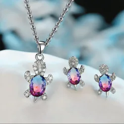 Multicolor Rhinestones Turtle Necklace Earrings sets for Women 14k Platinum Plated 3 Pcs Jewelry Set Female Party Wedding Gifts
