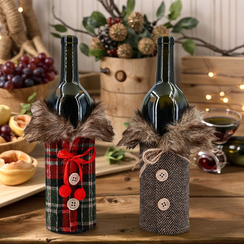 Christmas Wine Bottle Cover with Bow Linen Furry Collar, European‑American Style Xmas Party Decor Gift Ornament