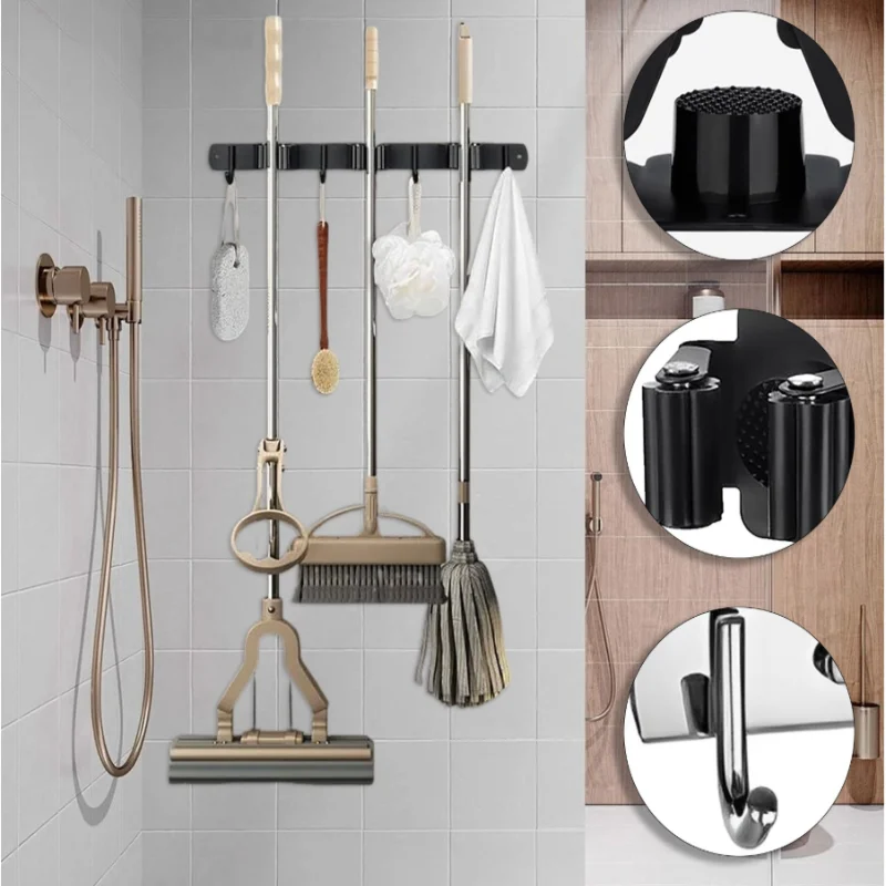 Self Adhesive Mop Holder Wall Mounted Broom Organizer No Drill Bathroom Storage Rack Multifunctional Cleaning Tool Hanger - view 6