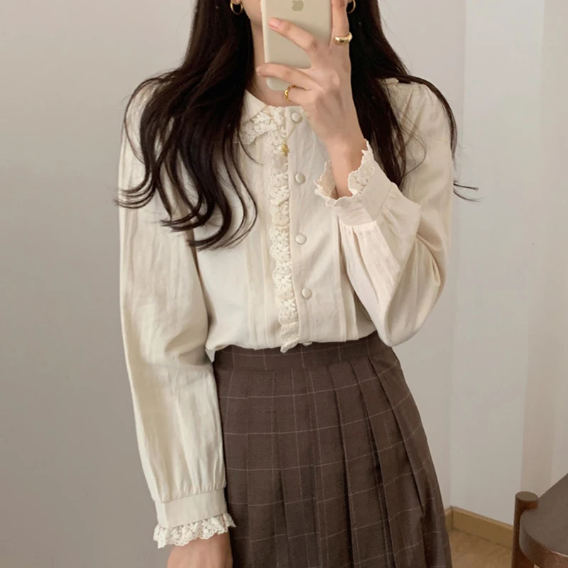 

Vintage Chic Long Sleeve Loose Fit Pure Color Shirt Women's Collar Patchwork Design Age-Defying Commute Style Spring Fashion