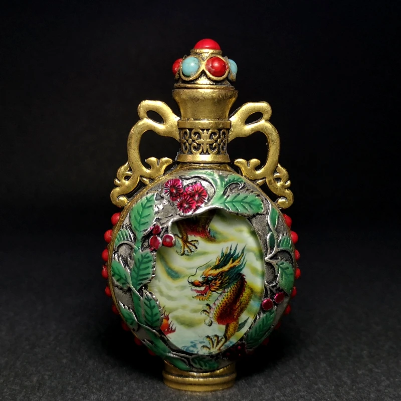 YIZHU CULTUER ART Size 9 x 5 cm Old Chinese Copper Cloisonne Inlay Jewelry Dragon Loong Snuff bottles Collection