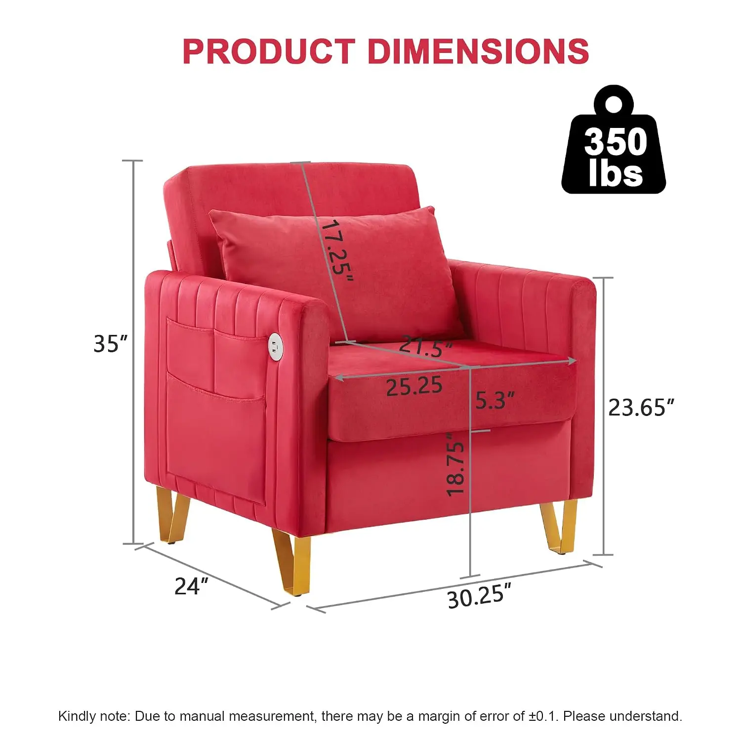Velvet Accent Chair Set of 2 with USB Port, Storage, Armrest & Throw Pillow for Living Room, Office, Rose Red, Customized