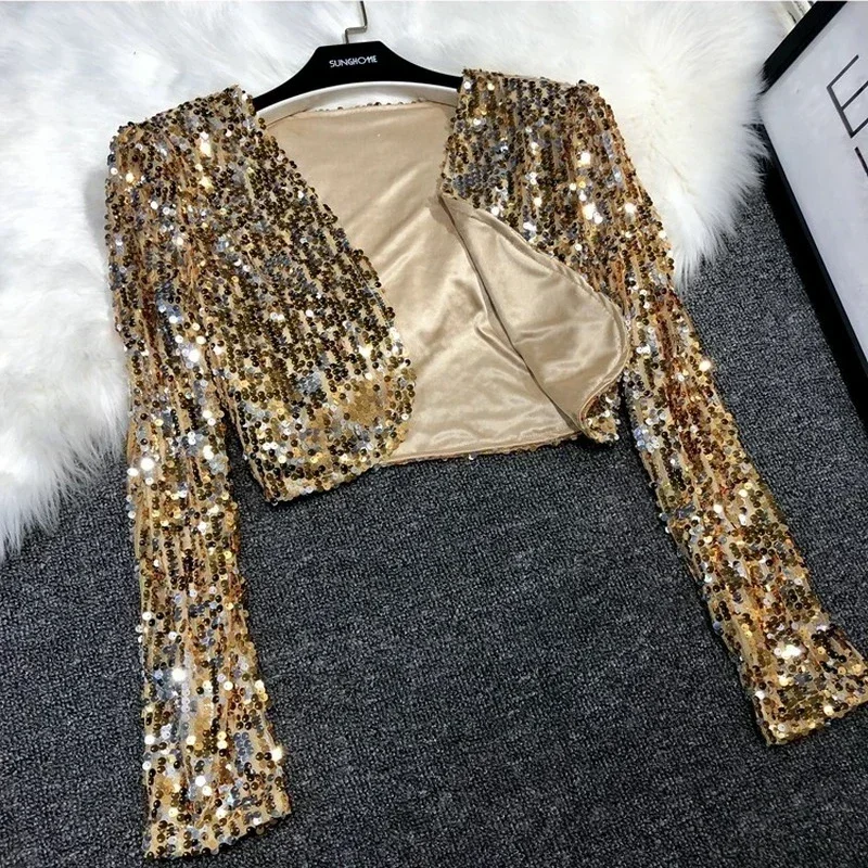 Street Fashion Joker Short Edition Sequins Small Suit Sparkling Bead Piece Suit Small Jacket Tank Top Jazz Dance Performance