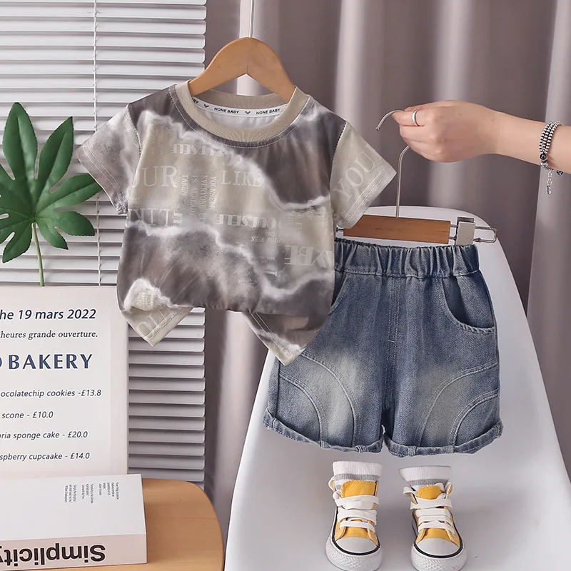 Boys Suit Summer Korean Clothes 1-5 Years Baby Boy Casual Letter Printed Short Sleeve T-shirts and Denim Shorts Two-piece Set