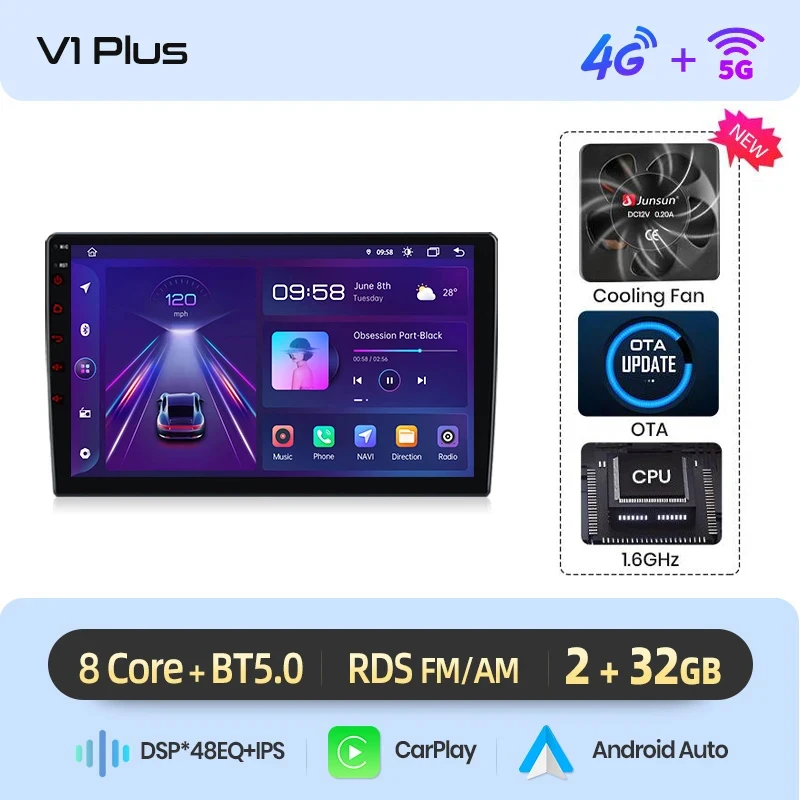 Junsun draadloze CarPlay Android Auto autoradio voor SEAT Altea / Toledo Mk3 (5P) 2004-2015 met ingebouwde koelventilator, Android GPS navigatie, multimediaspeler, WiFi, DSP, RDS, BT, SWC, IPS