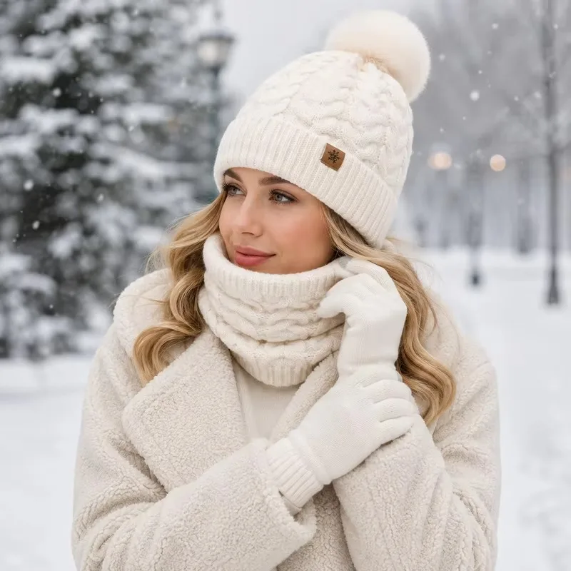 3pcs Women Autumn Winter Knitted  Warm Set Hat Scarf Neck Warmer Gloves Adult Outdoor Cold Protection Accessories