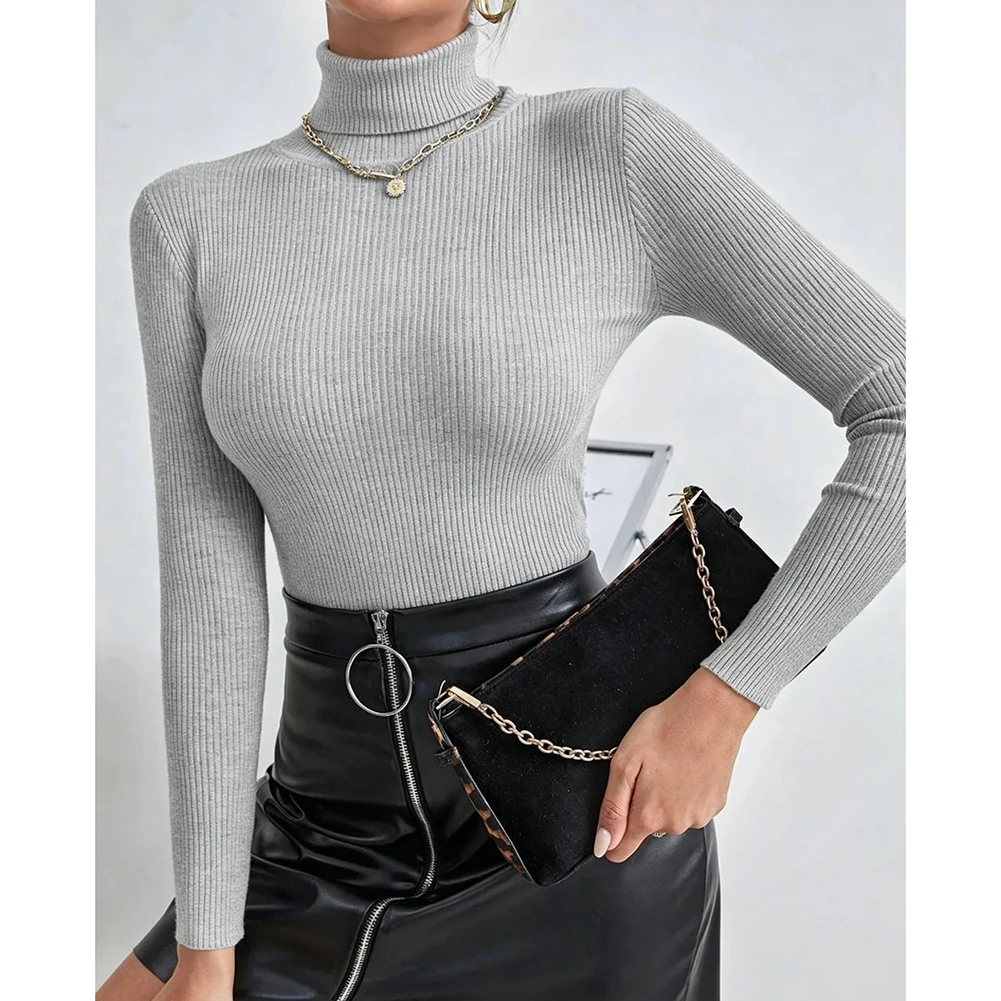 Polyester Ribbed Knit Turtleneck Sweater for Women Offering Regular Length Moderate Elasticity and Clean Design
