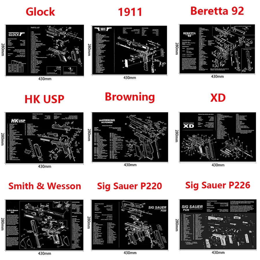 

280x430mm Gun Cleaning Rubber Mat With Parts Diagram Instructions Mouse Pad For 1911 Glock HK USP M92 P220 226