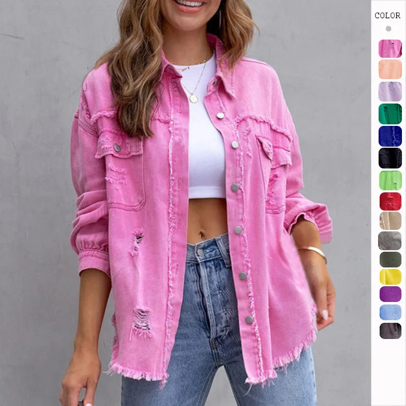 High Quality Hot Selling Wholesale 2026 Mid To Long Length Denim Jacket Frayed Edges Holes Women Long Sleeved Casual Collar Top
