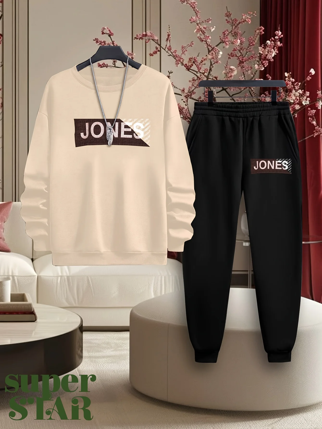 

Autumn and winter 2-piece men's long sleeved round neck thick hoodie and sweatpants cropped pants, warm, loose and comfortable