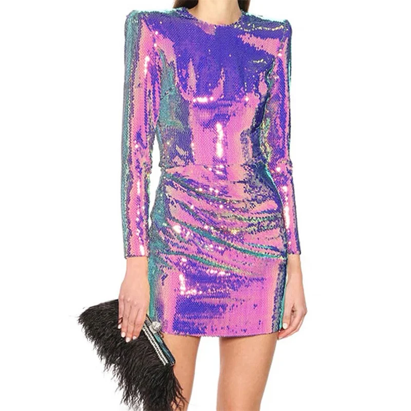 

Women's dress New sequin blended mini dress for summer 2025 Round neck slim fit long sleeved short dresses banquet party dresses