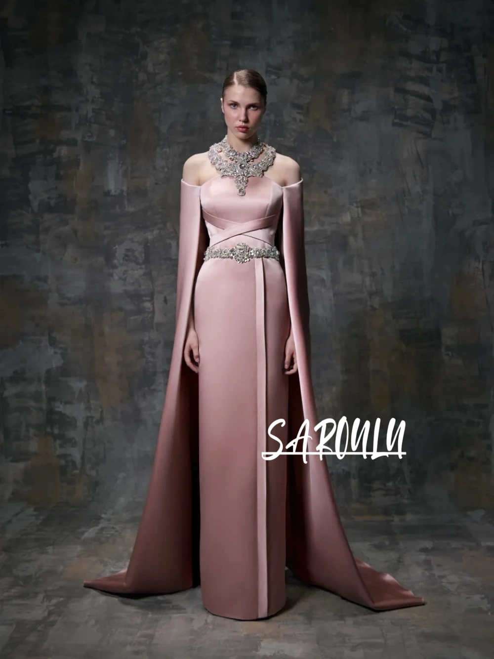 

Graceful Flowy Satin Evening Dress With Long Cape Glamorous Strapless Straight Customized Cocktail Gown No Necklace Party Wear